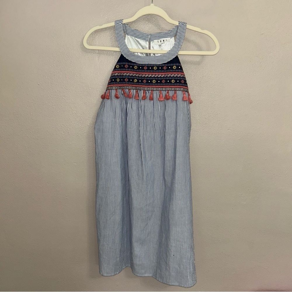 THML Blue and White Striped boho tasle Dress